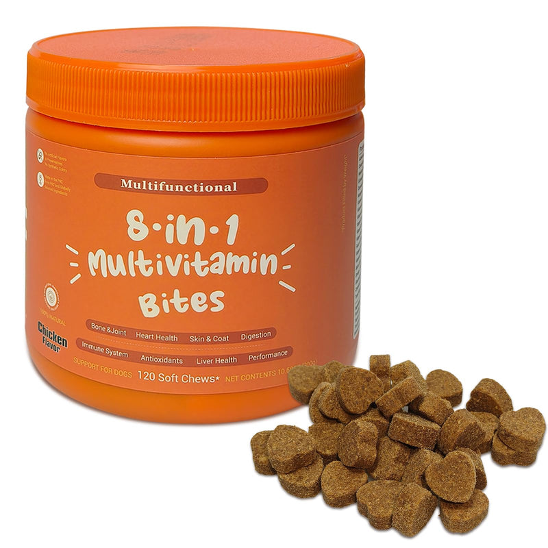 120 Chews 8-in-1 Multivitamin Treats for Dogs, Glucosamine Chondroitin Joint Support,Digestive Enzymes,Probiotics, Grain Free Dog Vitamins,Supplements for Skin&Coat (300g)