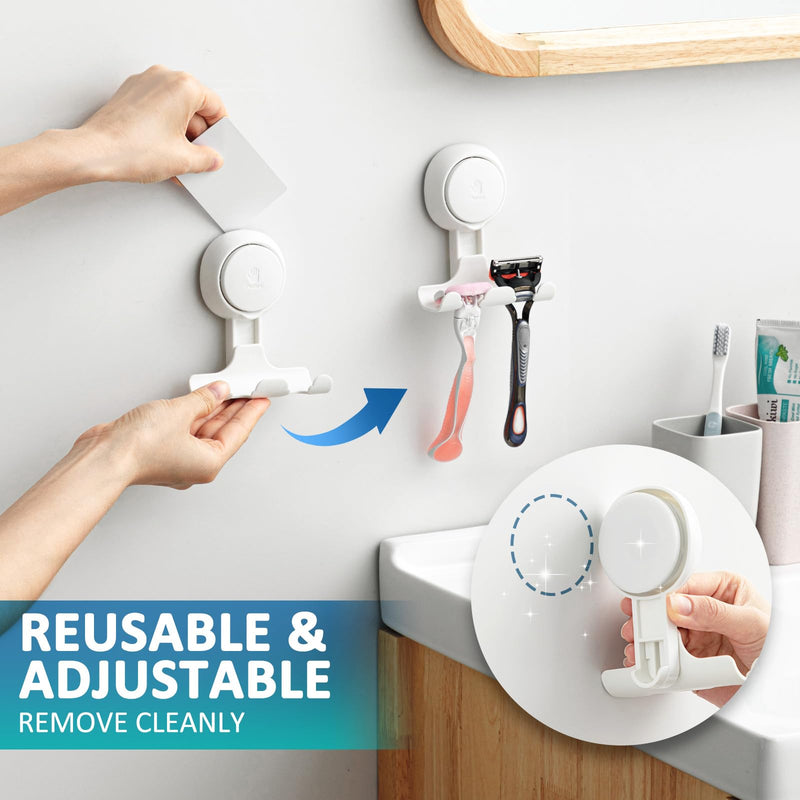 TAILI Suction Cup Razor Holder in Shower 2 Pack, Towel, Loofah, Shaver Holder for Bathroom Wall, Powerful Suction Cup Shower Hooks, Easy to Install and Reuse, White Razor Hook, White