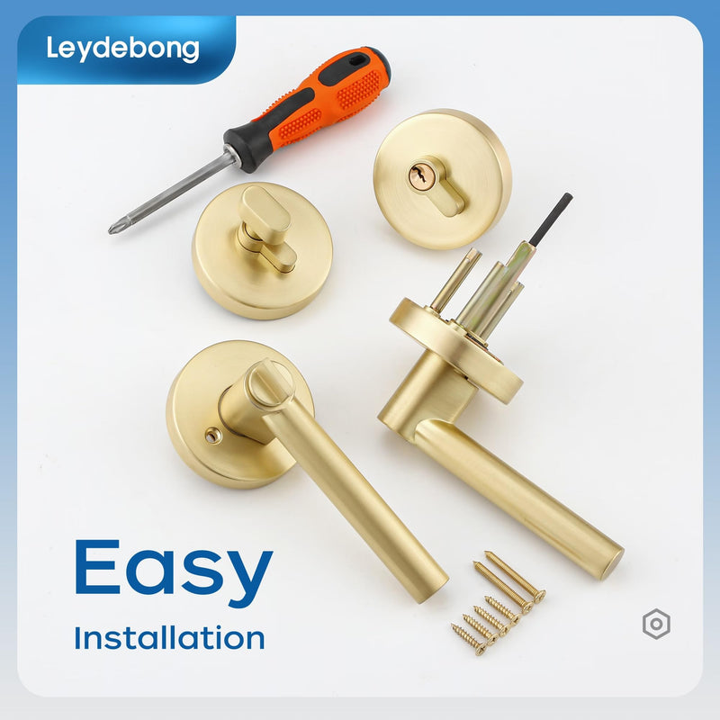 Leydebong 1 Pack Gold Heavy Duty Entrance Lever Door Handle (for Office and Front Door) Reversible for Right and Left Side Single Keyed Square Deadbolt Lock Set, Finish in Satin Brass Single Keyed Deadbolt Lockset (Keyed Alike)