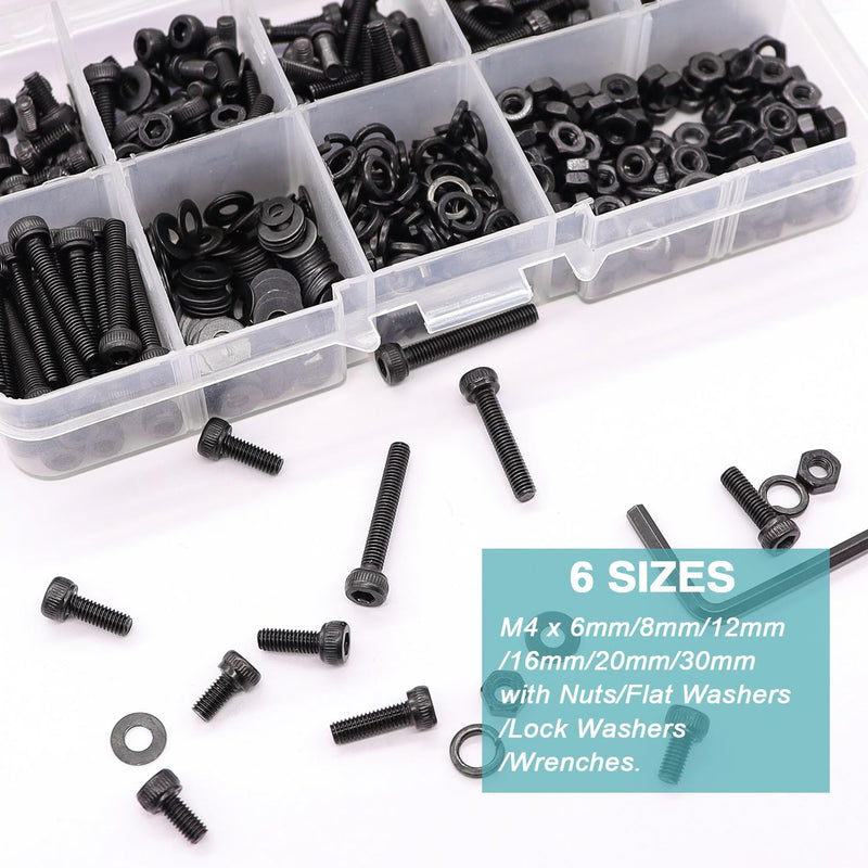 Taiss 380PCS M4 Screw Kit,Hex Socket Head Cap Screws Assortment with Nuts/Washers/Hex Wrench M4x6/8/12/16/20/30mm,12.9 Grade Alloy Steel Black Zinc Plated Small Metric Screws,M4 Bolts