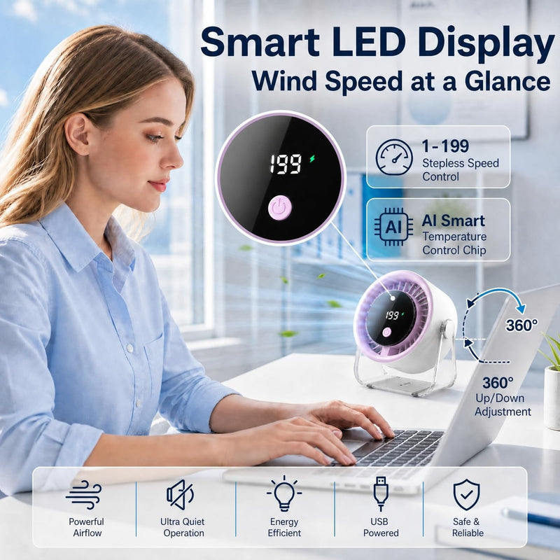 Coolking Small Desk Fan Quiet, 199 Speeds Battery Operated Rechargeable Fan Purple