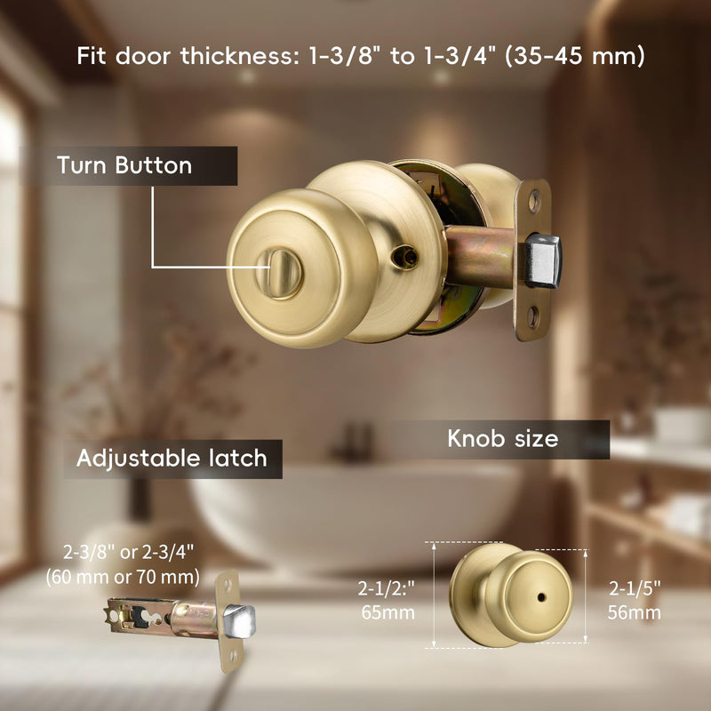 3 Pack Gold Door Knobs,Interior Door Knob with Lock,Coastal Style Satin Brass Door knob for Privacy and Bedroom 3