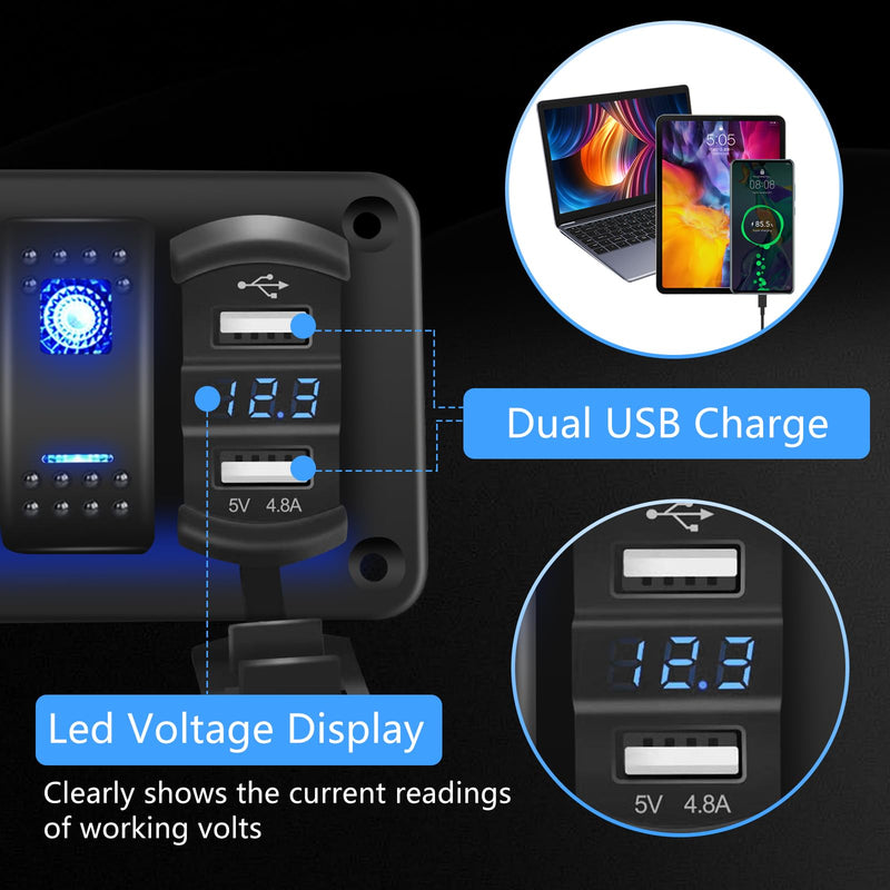 4 Gang Rocker Switch Panel with 4.8 A Dual USB Charger and Voltmeter Pre-Wired Waterproof 12V/24V DC Aluminum Switch Panel with 132PCS Night Glow Stickers for Cars UTVs ATVs Trucks Boats RVs 4 Gang Right