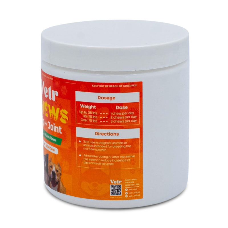 Vetr Hip and Joint Chicken Flavored Chews for Dogs - Glucosamine Chondroitin MSM Supplement - 60 Chewable Tablets - Vet-Formulated in USA