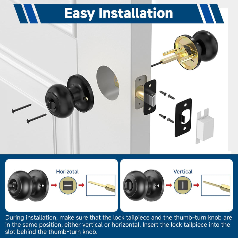 Estmoon 6 Pack Door Knobs, Matte Black Privacy Door Knob with Lock, Keyless Door Handle with Lock for Bedrooms/Bathrooms