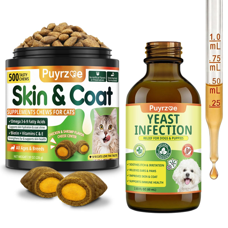 Puyrzoe Pet Wellness Bundle – Dog Yeast Balance Oral Drops + Cat Skin & Coat Omega Chews with Biotin & Vitamins, Natural Skin, Coat, Gut & Immune Support for Cats & Dogs