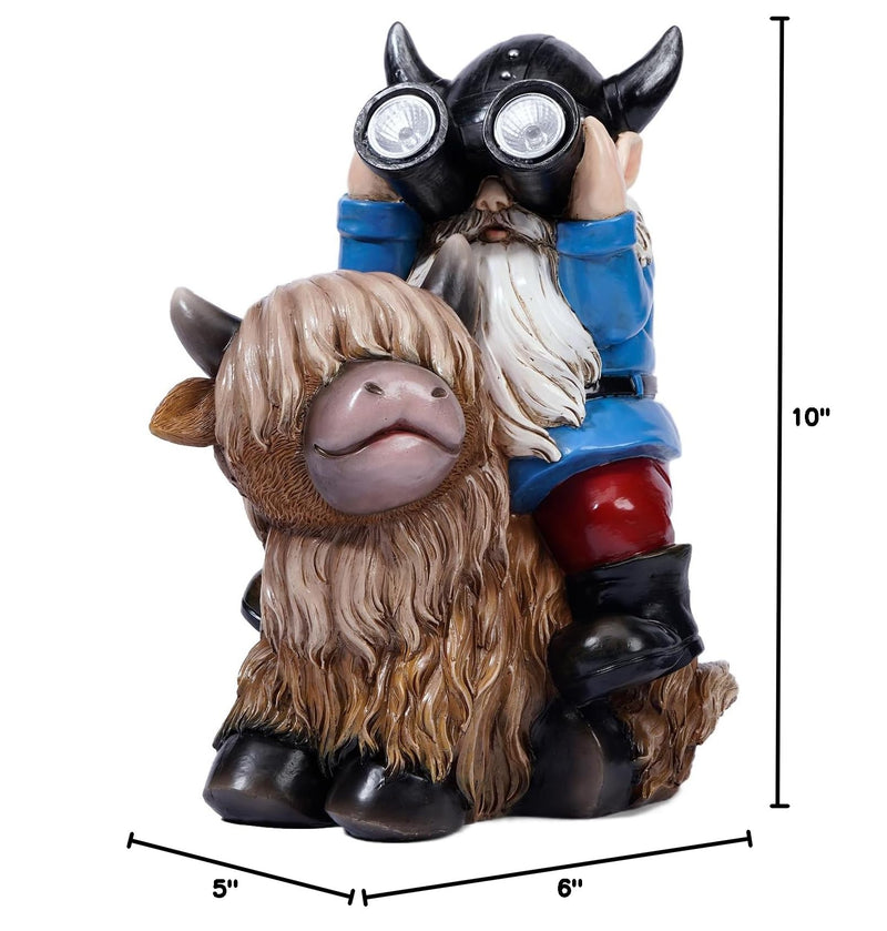 Garden Gnome Statues Resin Gnome Sitting on Highland Cow Solar Lights Outdoor Telescope Gnome Gifts for Yard, Patio Decor Gift(Cow Gnome) Cow Gnome
