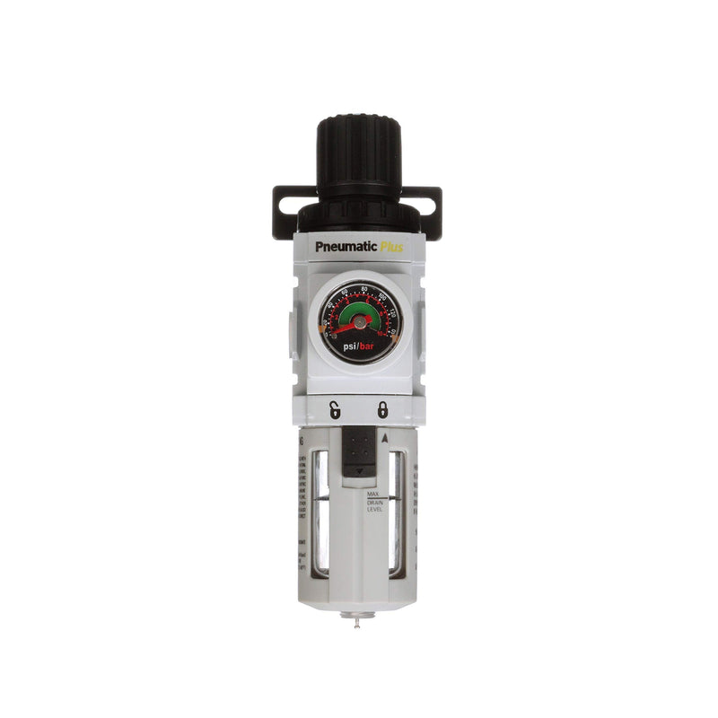 PneumaticPlus PPP2-N02BG Miniature Air Filter Regulator Piggyback Combo 1/4" NPT - 5 Micron, Poly Bowl, Manual Drain, Embedded Gauge 1/4" NPT - Poly Bowl, Manual Drain