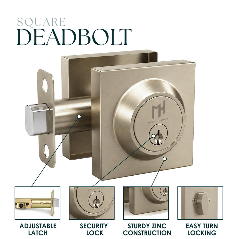 Mega Handles Schein Deadbolt Lock - Heavy Duty Square Locking Deadbolt for Left Or Right-Handed Doors, Brushed Nickel Deadbolt for Interior/Exterior, Screws Included - Satin Nickel 1