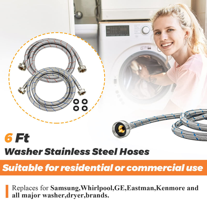 Beaquicy 6 Ft Washer Stainless Steel Hoses Braided Stainless Steel Water Supply Line - Hot and Cold Striped Water Supply Lines for Washing Machine - 2 Pack