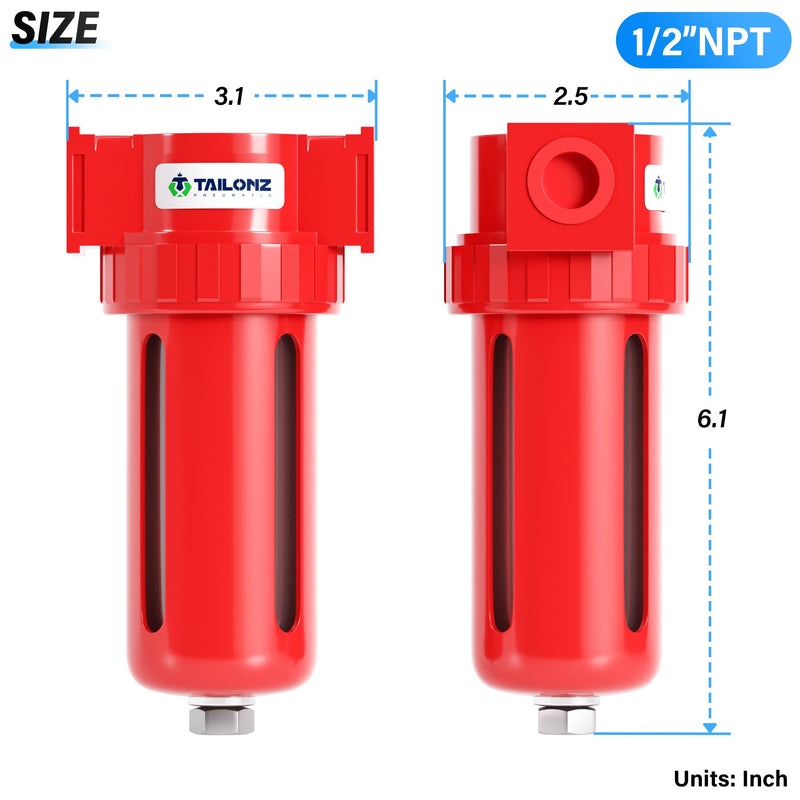 TAILONZ PNEUMATIC 0-150PSI 1/2 Inch NPT Aluminum Alloy Carbon Desiccant Air Dryer, Compressor Air Dryer, Water Vapor Separator, Polyethylene Bowl 1/2 Inch NPT/Carbon Desiccant
