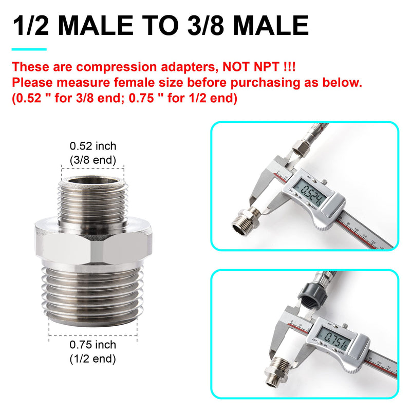 1/2 to 3/8 Reducer Faucet Adapter - Compression Brass Pipe Fitting, 3/8 Male to 1/2 Male Supply Line Adapter for RV Kitchen Plumbing, Water Hose Pipe Connector with Rubber Washer, (2 Pack)
