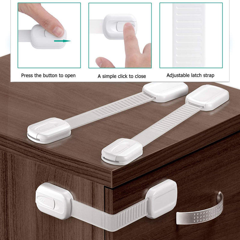 Vmaisi Baby Proofing Cabinet Locks - Childproofing Adjustable Multi Use Straps Latches for Drawers, Fridge, Dishwasher, Toilet Seat, Cupboard, Closet, Oven,Trash Can, Adhesive No Drilling (White) (20) 20