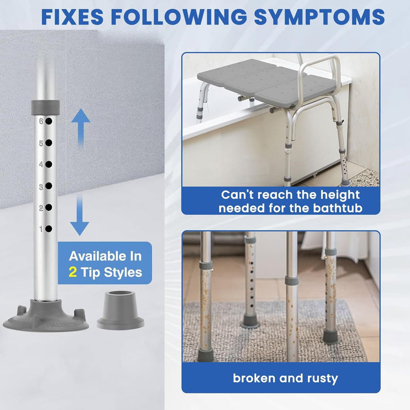 Universal Foot Tube and Suction Cup Tips for Toilet Safety Rail, Shower Chair, and Bath Bench - 5 Adjustable Heights, Replacement Suction Cup Tips and Aluminum Tubes, Easy Install, 2 Pack