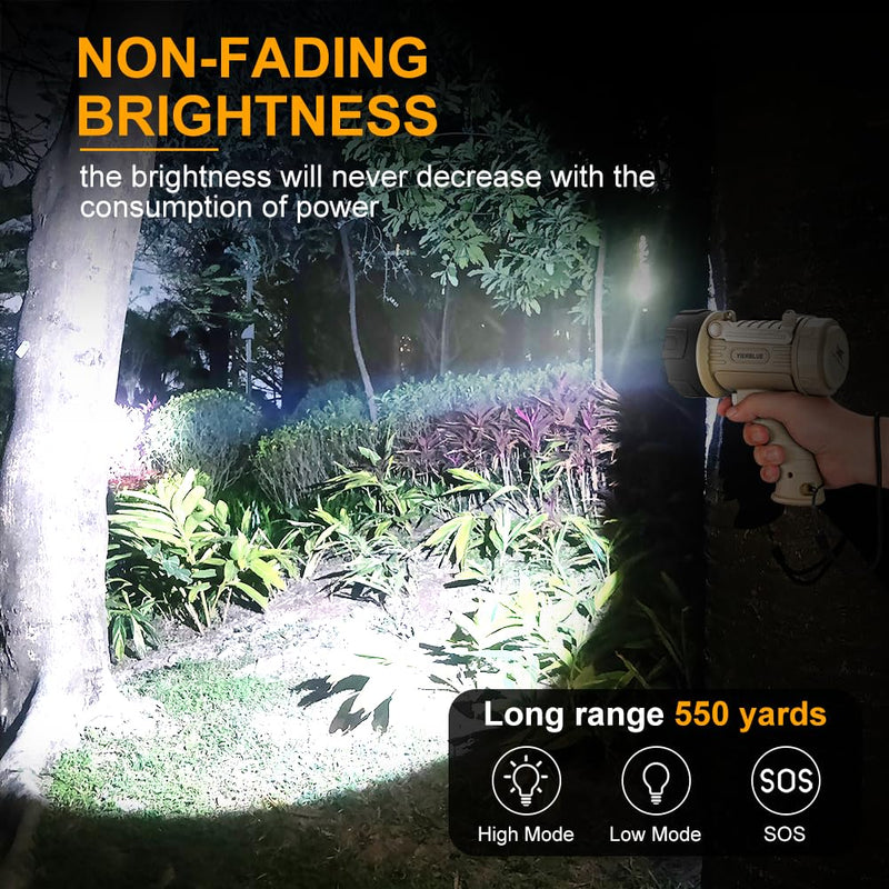YIERBLUE Rechargeable Spotlight Flashlight with 1000000 High Lumen LED, IP67 Waterproof Long Running Spot Light searchlight, Impact Resistant Handheld Spotlight with Foldable Stand and Red Lens Pearl