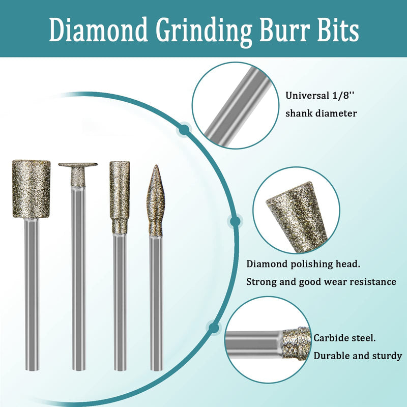 Stone Carving Set Diamond Burr Bits Compatible with Dremel, 50PCS Polishing Kits Rotary Tools Accessories with 1/8’ Shank for Carving, Engraving, Grinding, Stone, Rocks, Jewelry, Glass, Ceramics 50Pcs 1/8'' Shank