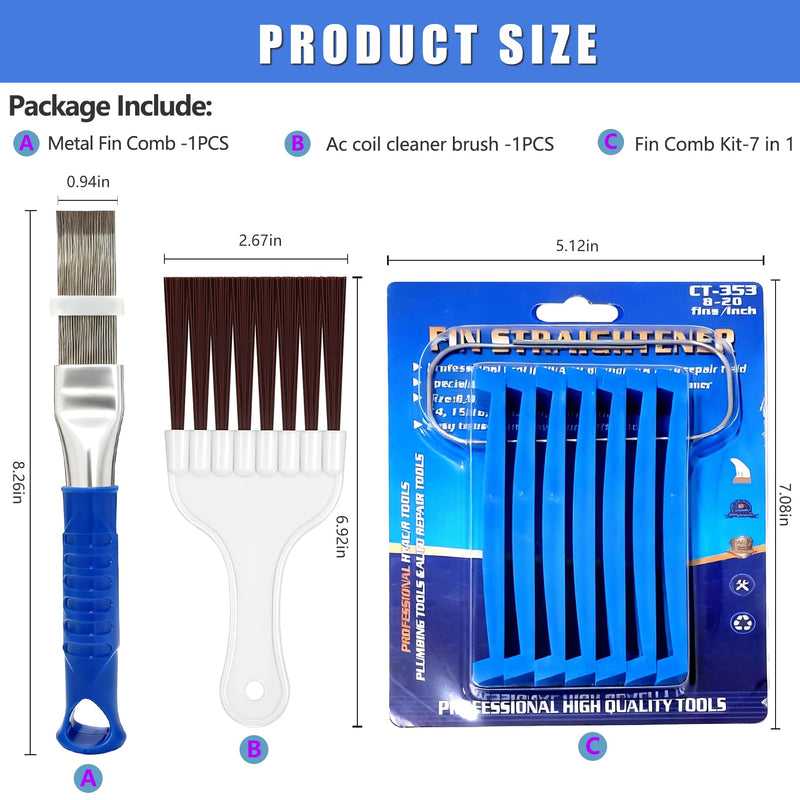 9 Pcs AC Fin Comb Straightener & Coil Cleaner Brush Kit Blue-9pcs
