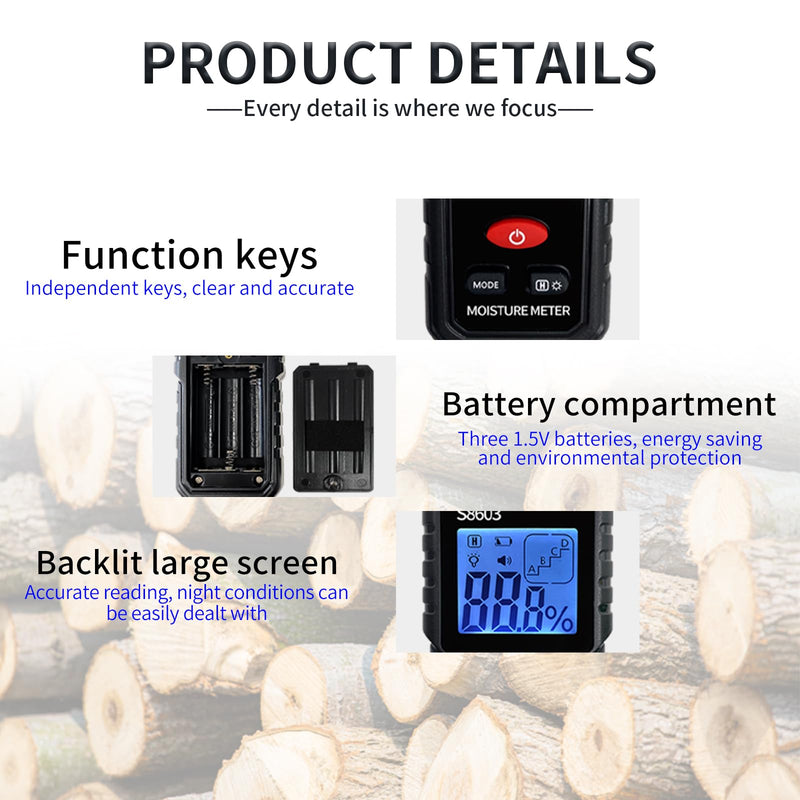 Digital Wood Moisture Meter Checker,Pin-Type Wood Moisture Tester for Lumber,Firewood,Decks,Paper,Floor,Water Leak Detector,Damp Humidity Tester,Hygrometer