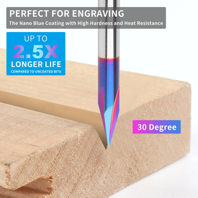 30 Degree V Bit 1/4" Shank, Carbide CNC Chamfer End Mill, 3-Flute V Groove Router Bit with Blue Nano Coating for Wood CNC Engraving Carving(Extra Long) 30 Degree- Extra Long