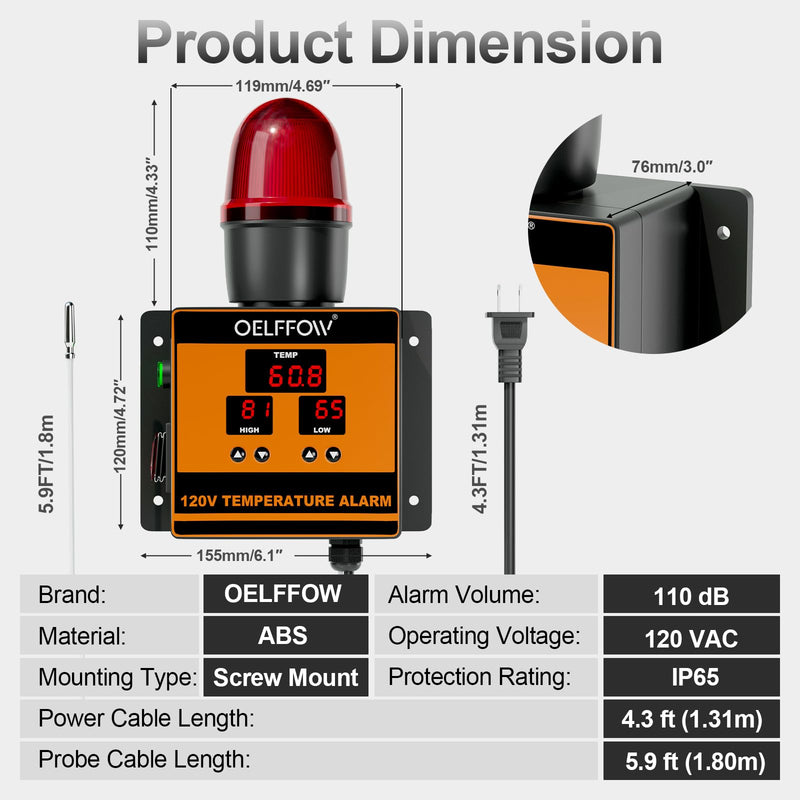 120 V Temperature Alarm, Temperature Monitor with 105 dB Integrated Sound & Light Alarm, Temp Controller for Greenhouses, Farms, Warehouses, One-Key Mute Button
