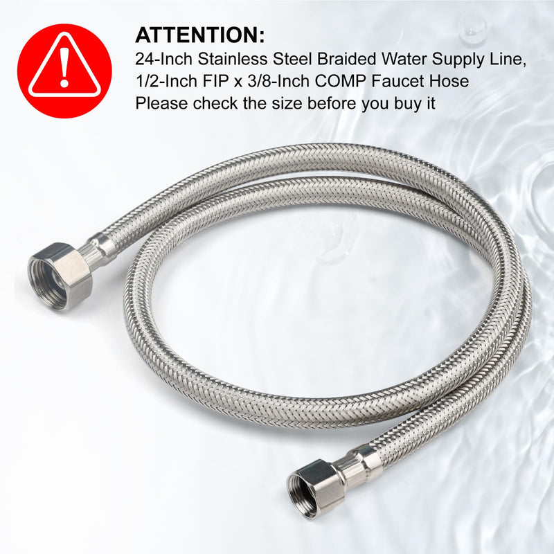 Midanya Faucet Supply Lines,24" Stainless Steel Braided Water Supply Line, 1/2" FIP x 3/8" COMP Faucet Hose, Faucet Hose Connector x 2 Pcs (1 Pair) 24 Inch