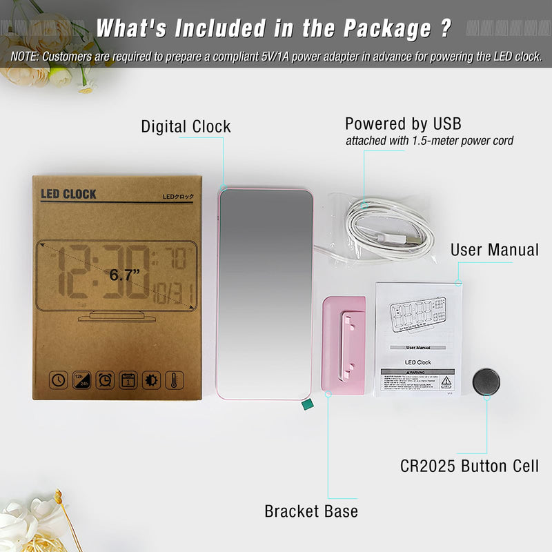 Pink Digital Clock for Bedroom 6.7in Dual Alarm Clock with Dimming, 12/24h, Seconds, Date, Day of Week, Temp, Desk Clock, LED Clock for Table Decor, Digital Calendar Table Clocks for Bedrooms KOSUMOSU Pink Clock(white + Blue Digits)
