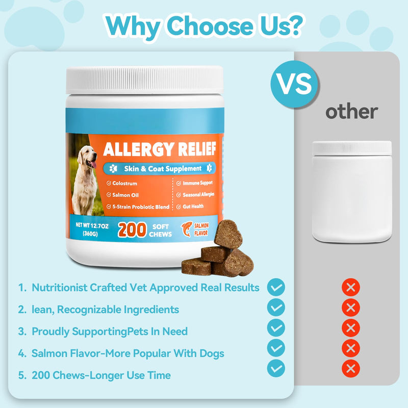 Dog Allergy Chews 200ct, Dogs Allergy Relief Chews for Paw Licking Itchy Skin Coat Supplement, Dog Itching Relief with Probiotics Colostrum for Dry Skin Itching Licking Seasonal Allergies Salmon