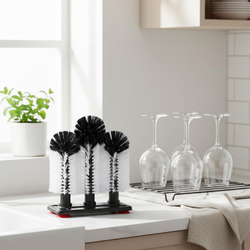 360°Glass cup cleaning brush,Water Bottle Cleaning Glass Washer Cup Sink Washer Brush with Suction Base Bristle Brushfor Sink,3Head Flexible Bristles Double Sided Glass cup cleaning brush(Black+White)