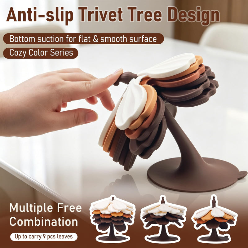 Silicone Trivets for Hot Dishes Pans Teapot Cups, Vynusio Trivet Tree Set 6 Pack Trivets +1 Stand - Collapsible Hot Pads Heat Pot Holders, Hot Pads for Table Countertops Kitchen, Latte Color Latte 6 Pack +1 Stand