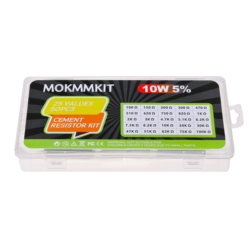 25 Values 50 Pieces Ceramic Cement Resistor KIT 10W Resistance 10 Watt ±5% Power Resistors (100 Ohm - 100K Ohm) 10W-100 ohm-100K ohm
