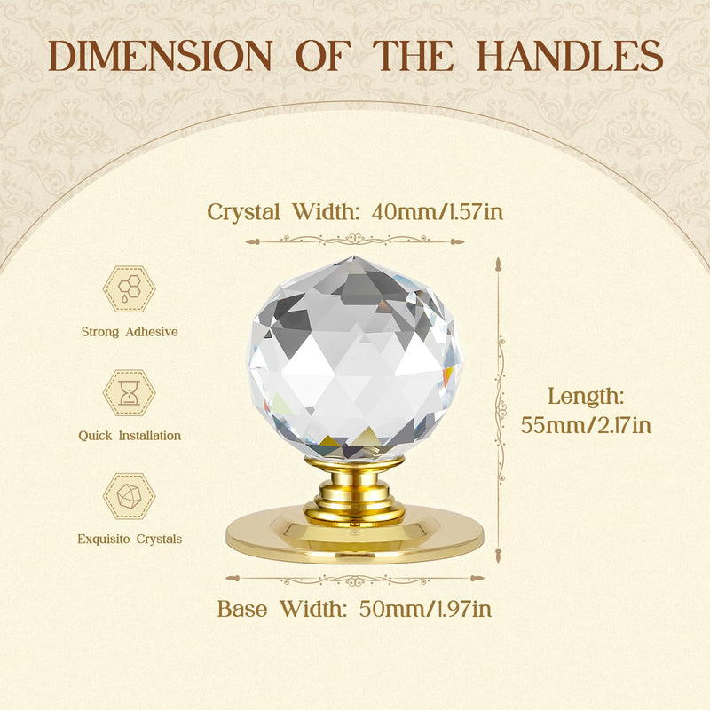 1-3/5 Inch Round Clear Crystal Self Adhesive Knobs 40mm Ball Cabinet Handles for Drawers Mirrors Cupboards Glass Sliding Doors Windows Staircase Corner Decor Peel and Stick Pulls (2, Gold) 2