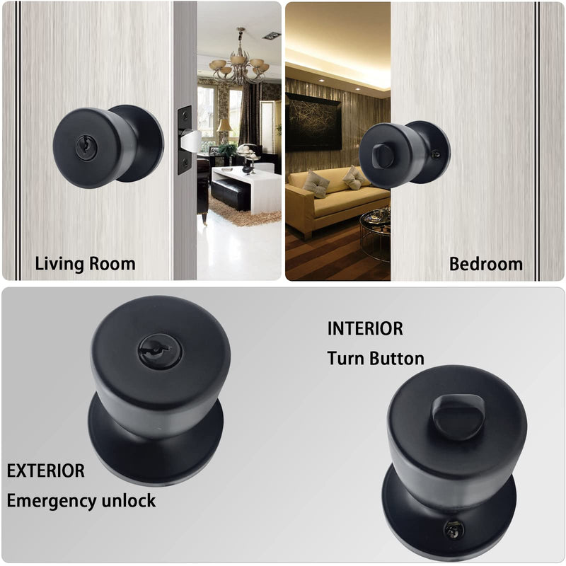 3 Pack Matte Black Round Ball Door Knob with Different Keys Passage Door Privacy Locking Interior/Exterior Door Knob/Berlin Series Lock for Room Door 3pcs Keyed Entry Black Matte ET3