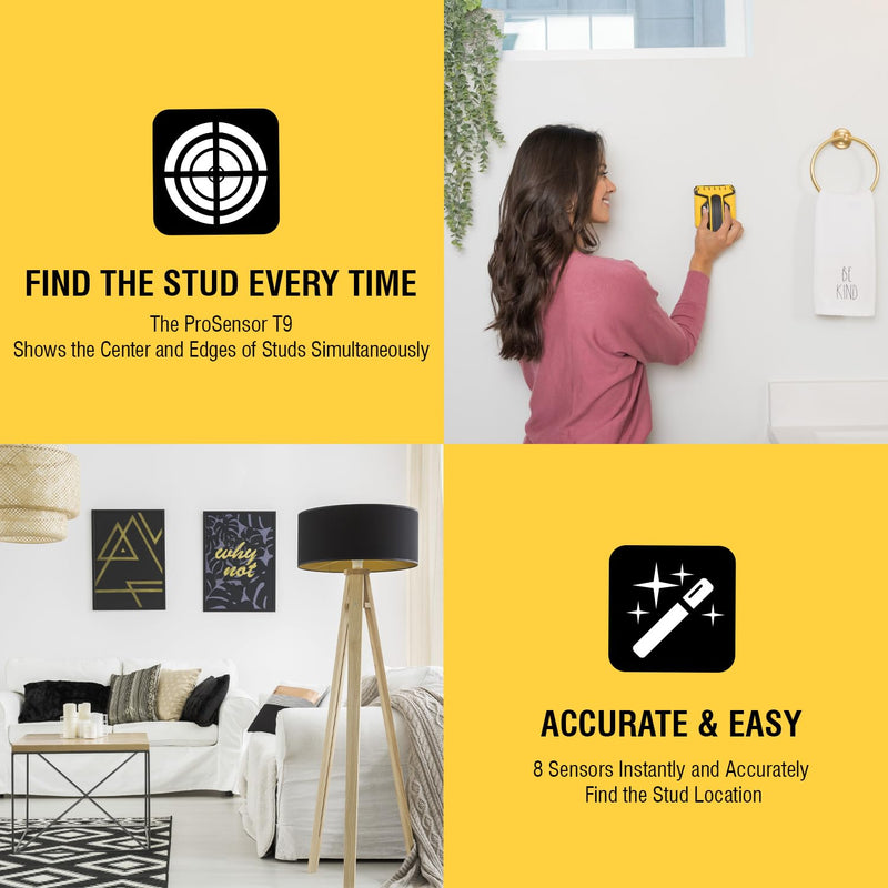 Franklin Sensors ProSensor T9 Stud Finder with 8-Sensors, Wood & Metal Stud Detector/Wall Scanner, Made in the USA Medium
