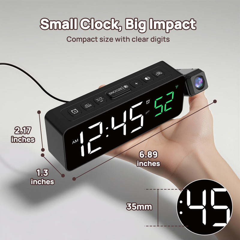 Netzu Projection Alarm Clock for Bedroom Ceiling, Small Compact Plug-in Digital Clocks with 180° Rotatable Projector, Temperature 4 Levels Birghtness, 3 Volumes and Snooze (Black) Black