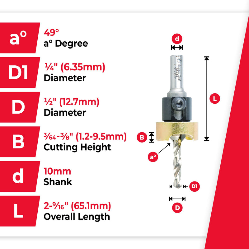 Amana Tool 82 Degree Countersink with Drill Bit Depth Stop and No-Thrust Ball Bearing, 55244, 1/2 D x 1/4 Drill Dia x 10mm Round Shank