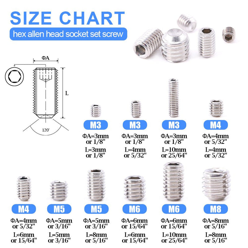 Glarks 200-Piece M3 4 5 6 8 Hex Allen Head Socket Set Screw Assortment Kit (304 Stainless Steel)