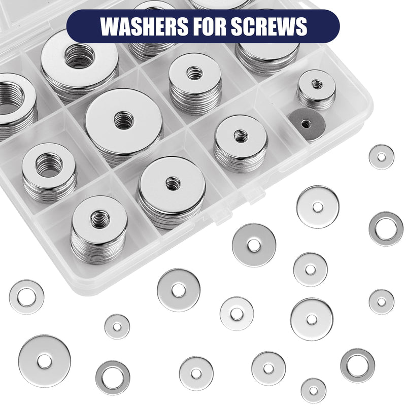 18-8(304) Stainless Steel Metal Flat Washers for Screws and Bolts, 100 Pieces Assorted Washers Kit (12 Sizes M3-M12), Large and Small Hardware