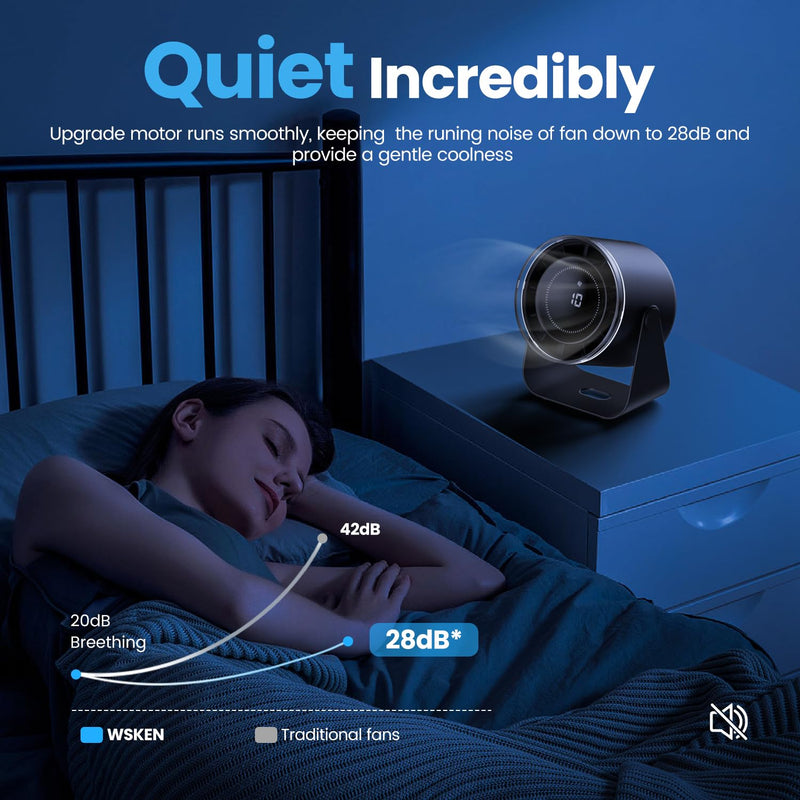 WSKEN Desk Fan with Battery Operated, Quiet Digital Display Portable Fan for Office, Bedroom, Kitchen, Home, Outdoor, 100 Speeds 115° Tilt Small Travel Camping Table Fan,Bluish Black Bluish Black