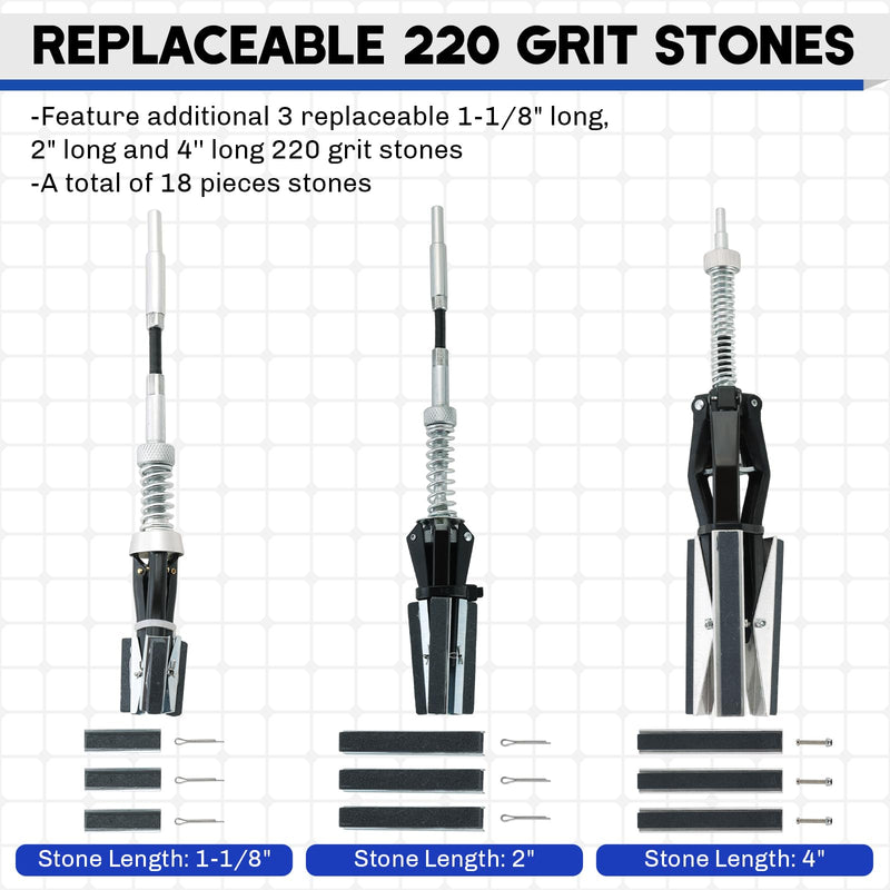 3PCS Engine Cylinder Hone Tool | Minimum 1" to Maximum 7" Diameter Adjustable Deglazer with Extra 9PCS Stones 220 Grit Engine Cylinder Hone Set for Grinding Holes (1-1/8",2" and 4") 1-1/8",2"and 4"