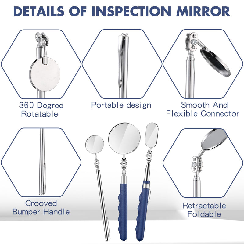 3 Pieces Telescoping Inspection Mirror Stainless Steel Mechanic Mirror with Long Handle Extendable Mirror Telescoping Mirror Tool for Technicians Mechanics Contractors (Oval, Round) Oval, Round