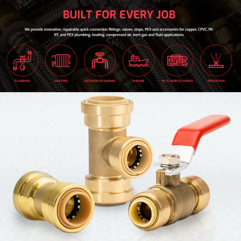 QuickFitting 1/2 Inch Tee Connector, Push to Connect Brass Plumbing Fitting with Slip Clip Disconnect Tool, for Copper, PEX and CPVC, 5 Pack 1/2 inch (5-Pack)