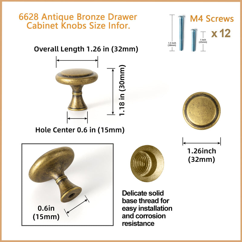 Goo-Ki 6 Pack Antique Brass Drawer Knobs Zinc Alloy Kitchen Cabinet Hardware - Vintage Bronze Knobs Single Hole/Screw Dresser Handles Cabinet Pulls