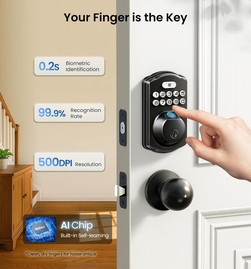 Veise KS02A Fingerprint Keyless Entry Door Lock, Auto Lock, Electronic Keypad Deadbolt for Front Door, Biometric, Anti-Peeping Password, Easy Install, Matte Black Traditional