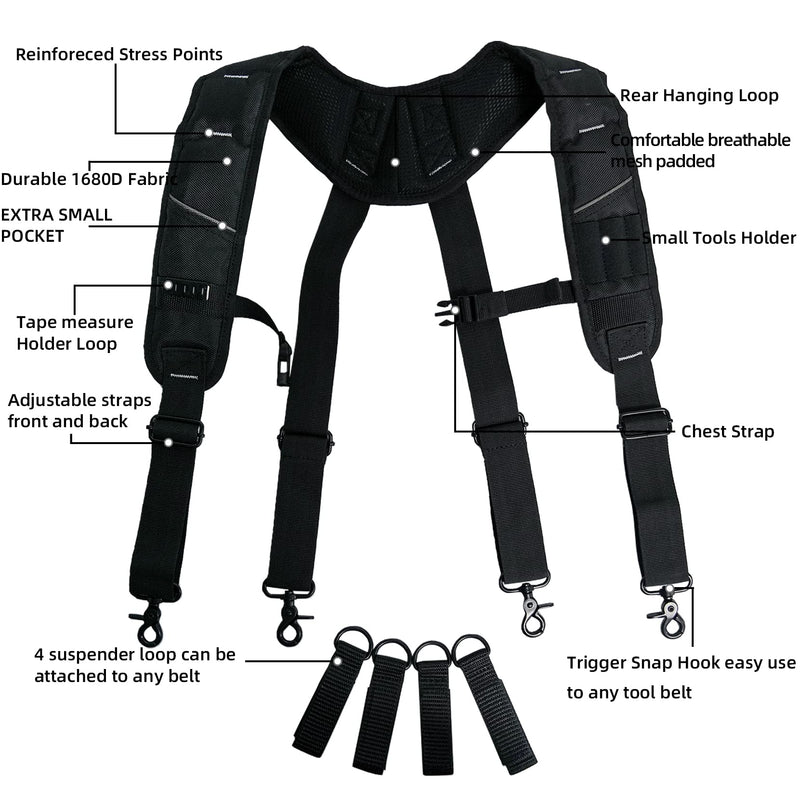 KUNN Tool Belt Suspenders Padded Carpenter Construction Electrician Work Suspender with Attachment Loops for Men,Black SW001-BLK