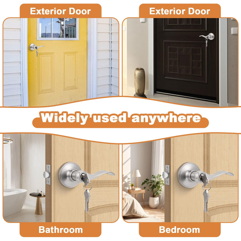 Probrico (2 Pack Wave Style Keyed Alike Entry Levers, Exterior Interior Satin Nickel Keyed Door Handles with Lock and Same Keys, Reversible for Right Left Handed Doors 2 Pack