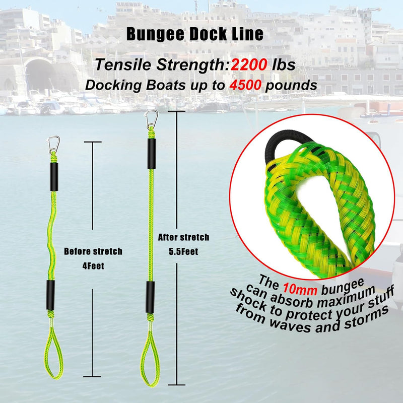4 Ft Bungee Dock Line for Boats,Built-in Snubber,Dock Lines with Stainless Steel Clip,Scalable Boat Accessories Suitable for Kayak,Jet Ski,Pontoon, Canoe, Power Boat (Green with Hook 2P) Green with hook 2P