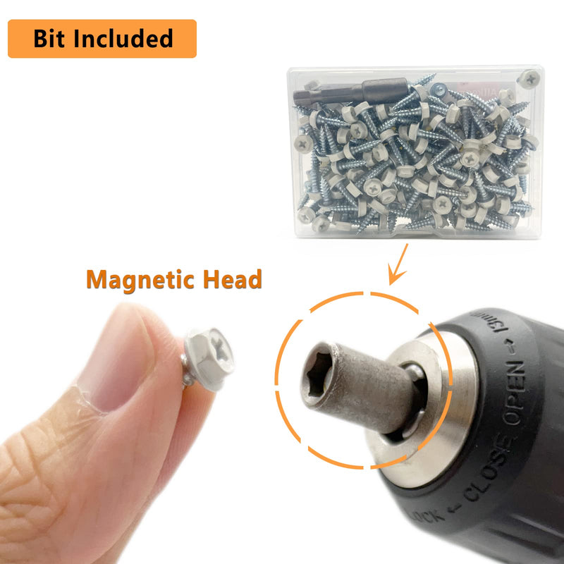 Self-Tapping Gutter Screws White Painted Hex Head #8 x 1/2" Zinc Plated Finish, 100 Pieces, Socket Bit Included