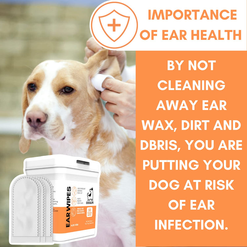 Dog Ear Wipes for Dogs | Ear Cleaning Wipes | Remove Wax, Dirt & Odor | Soothe Itchy Smelly Ears | 50 Soothing Aloe Vera Dog Ear Cleaner Finger Wipes
