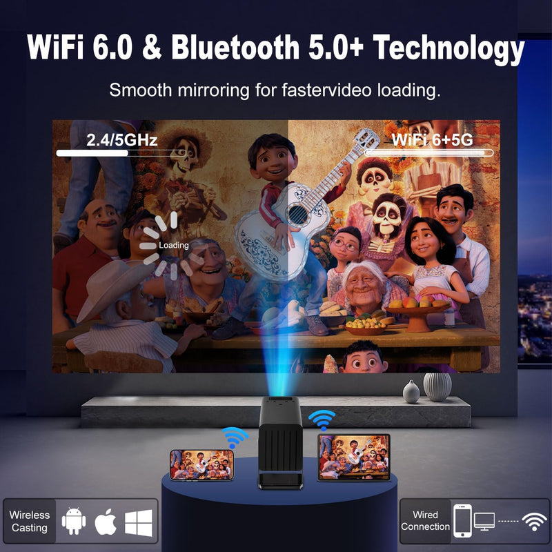 [Smart Projector with Apps] 4K Supported Mini Projector with Wifi and Bluetooth, XENPONAD Movie Projector for Bedroom Celling Camping & Outdoor Use, Portable Projector with Speaker, Auto Keystone black