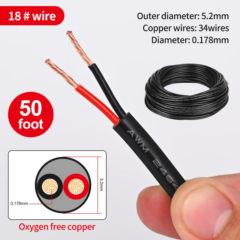18 Gauge Electrical Wire 2 Conductor,18 AWG Electrical Wire Stranded PVC Cord Oxygen-Free Copper Cable,50FT Pure Copper Electrical Wire Cord for LED Lamp Lighting Strips Automotive… 50FT 18AWG-2C